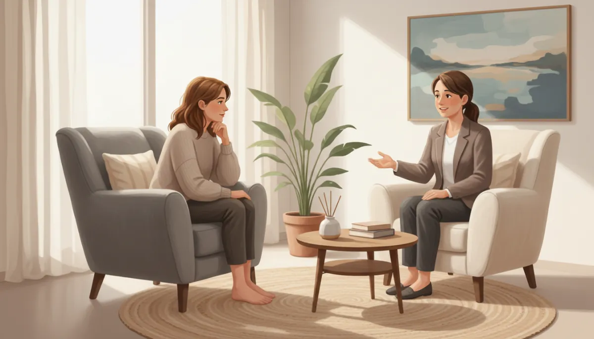 A calm, realistic photo of a person sitting in a comfortable counselling room, having a thoughtful conversation with a counsellor. Soft natural lighting, neutral and welcoming decor.