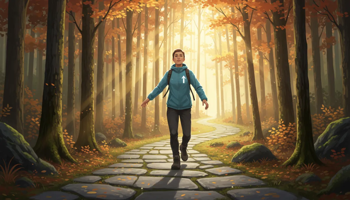 A hopeful, realistic photo of a person taking a step forward on a path or trail, symbolizing taking the next step in personal growth or seeking help.