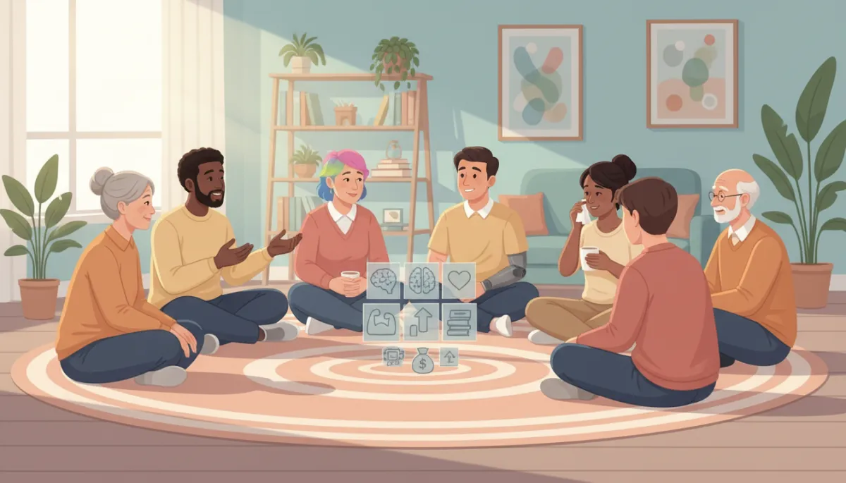 A realistic image of a diverse group of people sitting in a circle, engaged in supportive conversation, representing the variety of counselling topics and support areas.