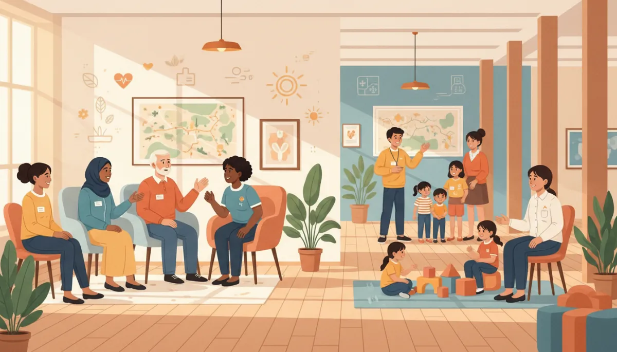 Warm community health centre scene with volunteers talking to a diverse group of people, soft natural light, welcoming atmosphere, subtle medical and wellbeing posters on the walls