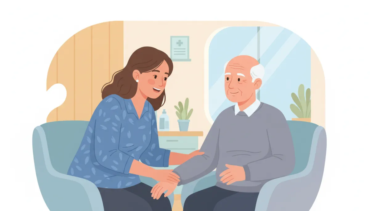 Close-up of a support worker gently speaking with an older person in a clinic room, both seated, calm and compassionate interaction