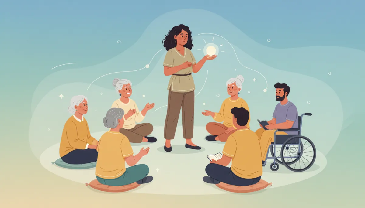 Group workshop setting with people of different ages and backgrounds participating in a wellbeing session, facilitator leading a gentle discussion