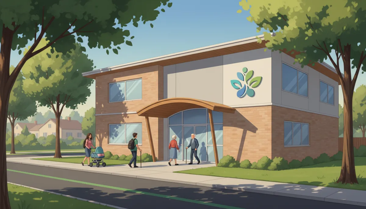 Exterior of a modest community health and wellbeing centre with signage, people entering and leaving, leafy suburban street