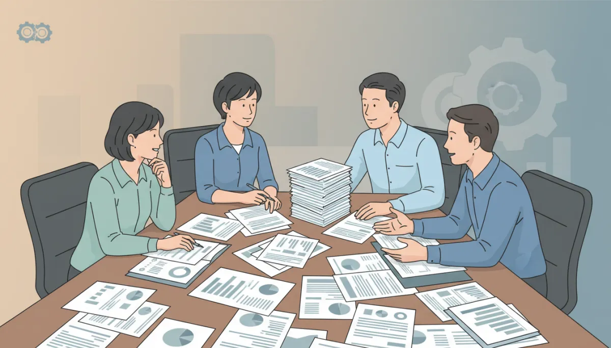 Board meeting of a small not-for-profit organisation, papers and financial reports on the table, focus on collaboration and accountability
