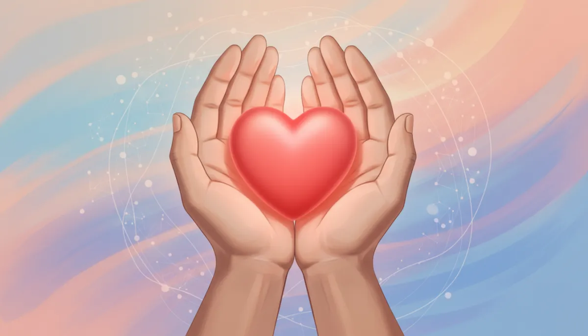 Close-up of hands holding a small heart-shaped object, soft focus background, symbolising generosity and support