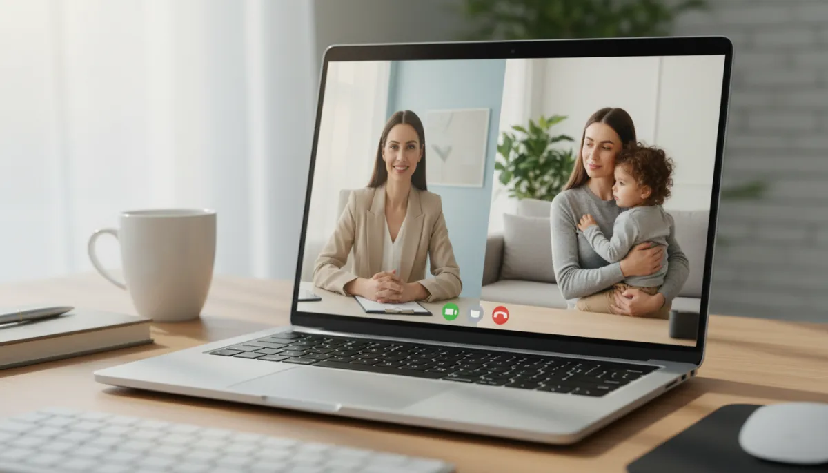Online counselling session taking place via video on a laptop