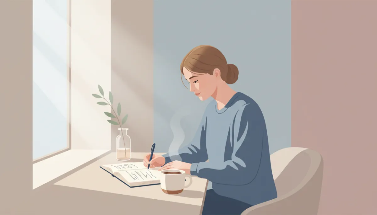 Person journaling quietly at a desk, reflecting on life changes