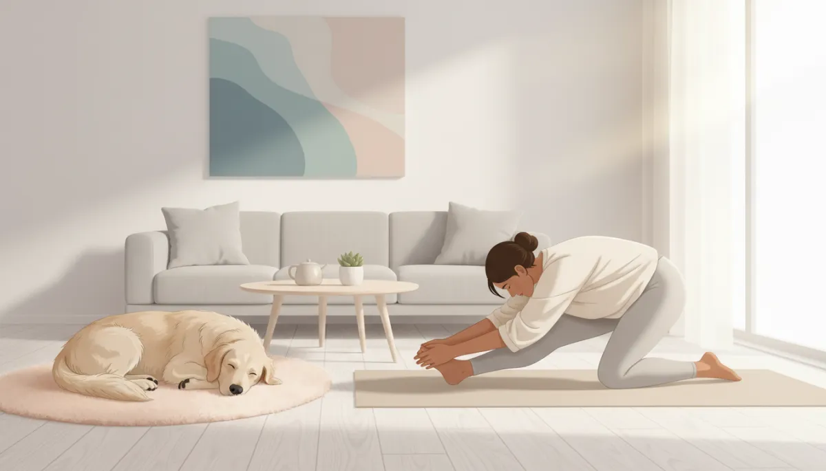 Person gently stretching on a yoga mat with a dog nearby Person gently stretching on a yoga mat with a dog nearby