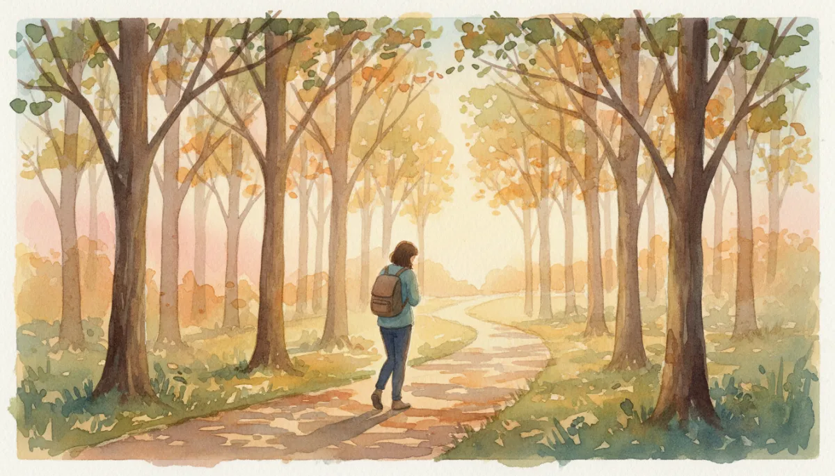 Person walking alone on a quiet path at sunrise