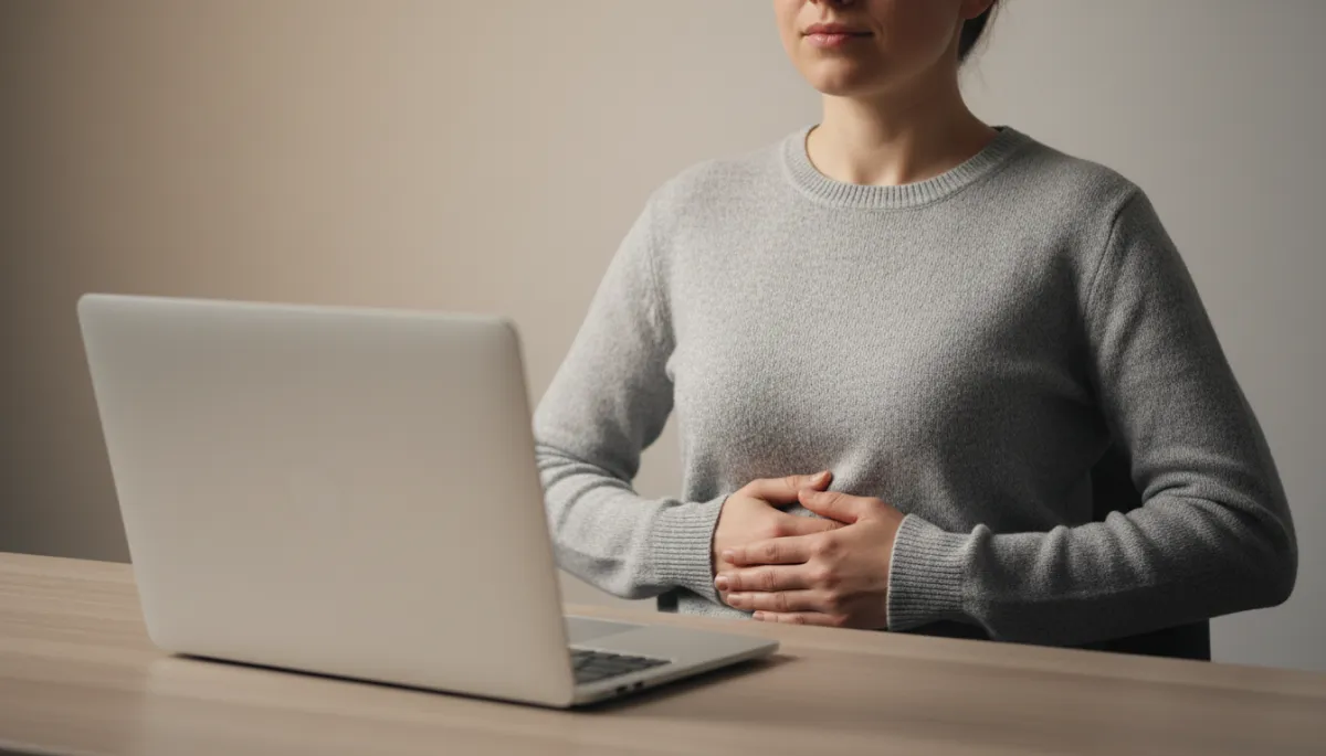 Person focusing on slow abdominal breathing with hands on abdomen at a desk Person focusing on slow abdominal breathing with hands on abdomen at a desk