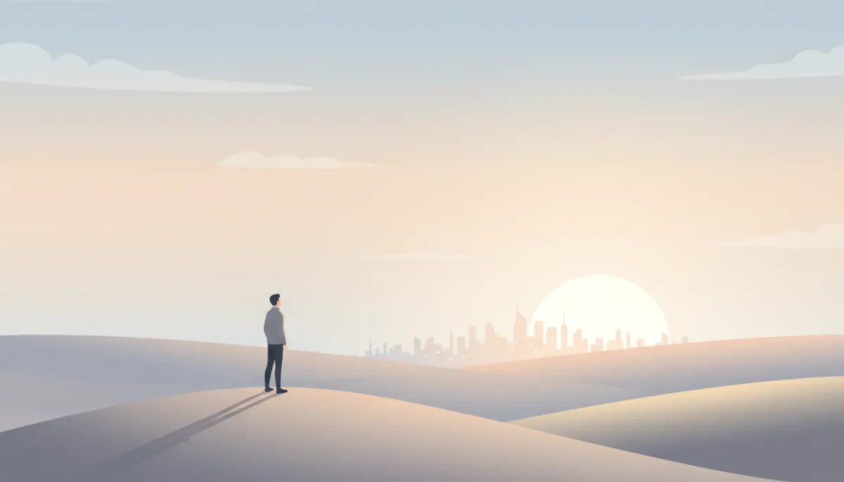 professional neutral-toned photograph of a person standing on a quiet hill at sunrise, looking toward a bright horizon, soft light and calm sky, subtle city skyline in the distance