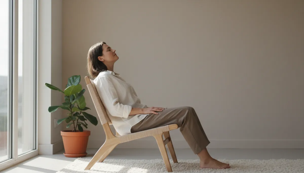 professional neutral-toned scene of a person sitting calmly on a chair near a window, soft natural light, minimal decor, subtle focus on relaxed breathing and presence