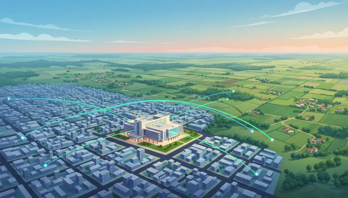 Vista aérea de San Pedro Sula con un hospital moderno destacado, líneas conectando la ciudad con zonas rurales para simbolizar el acceso a la salud Vista aérea de San Pedro Sula con un hospital moderno destacado, líneas conectando la ciudad con zonas rurales para simbolizar el acceso a la salud