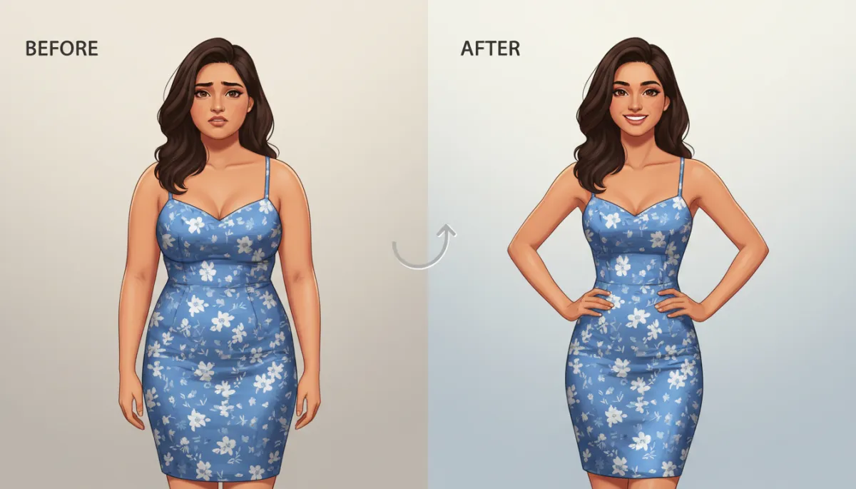 A before-and-after photo of a young woman in her twenties, showing clear weight loss results over two weeks. In the 'before' image, she appears slightly concerned and heavier, while in the 'after' image, she looks slimmer, more confident, and happy, wearing the same dress that now fits her comfortably. The background is neutral and the transformation is clear and inspiring.