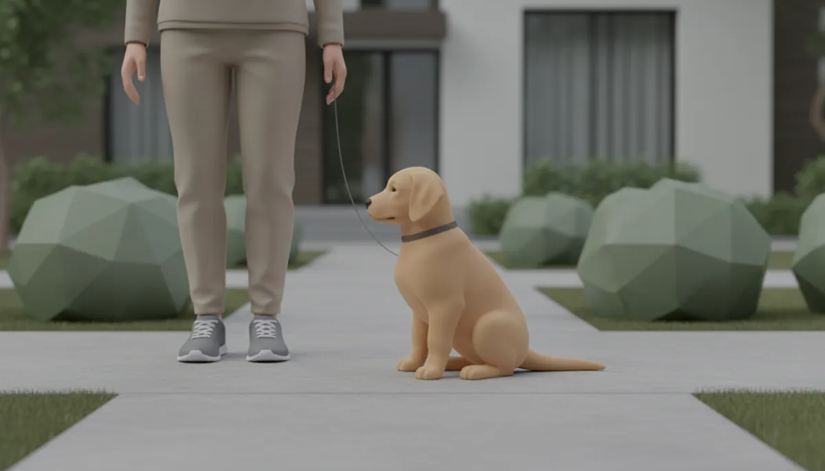 Puppy calmly socializing on a quiet neighborhood walk