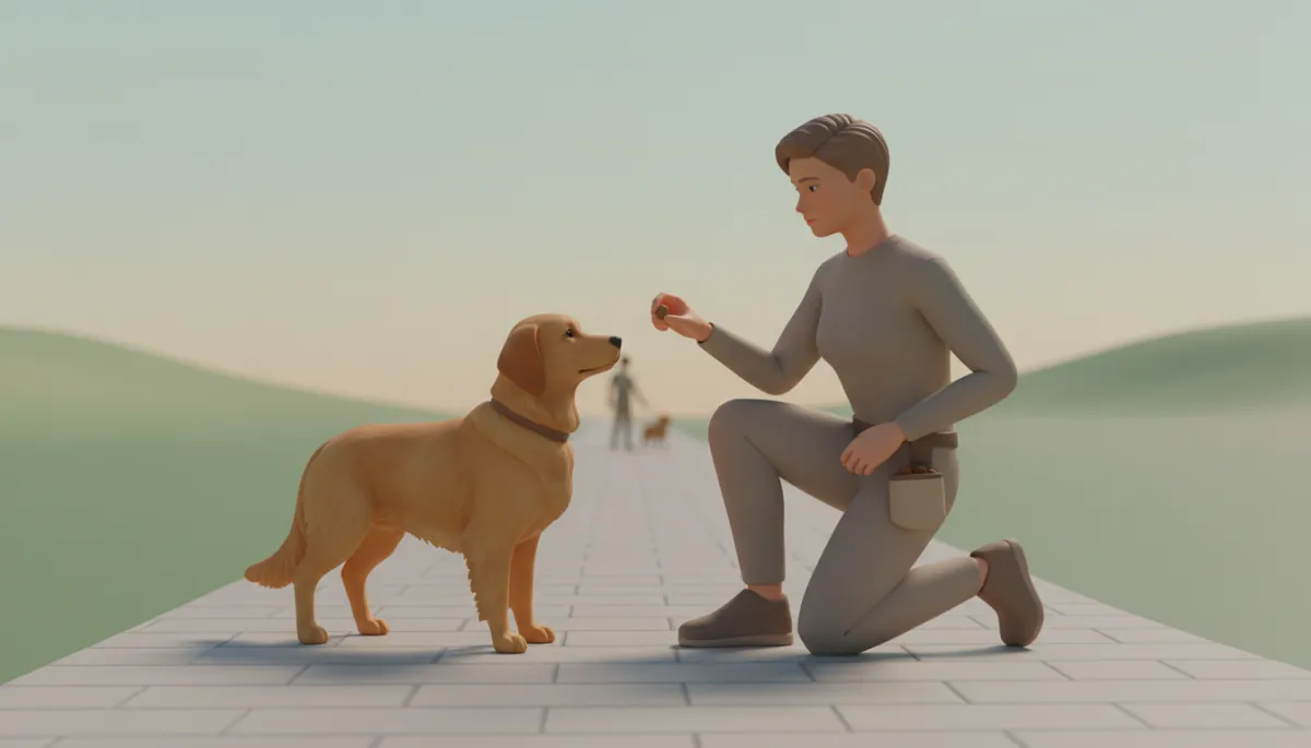 Owner rewarding dog with treats while another dog passes at a distance