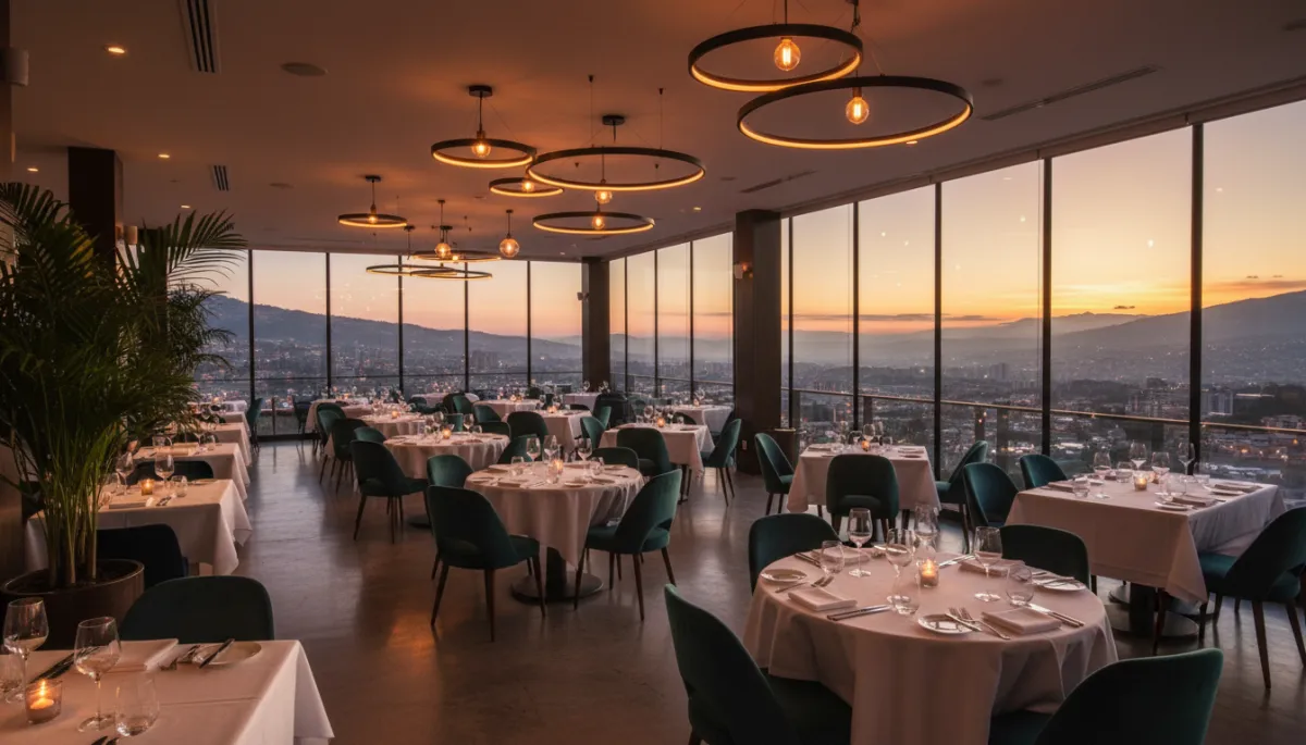 A bustling restaurant in Quito filled with happy customers, illustrating the success of a strong digital presence; the scene should be lively, modern, and use the brand colors of citronelladigital.com (#37ca37 and #188bf6) for a cohesive, professional look
