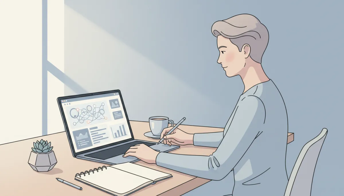 Coach reviewing AI analytics dashboard while planning client strategy