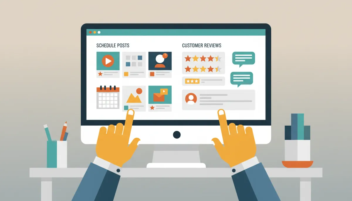 Marketer managing Google My Business posts and reviews on a desktop computer
