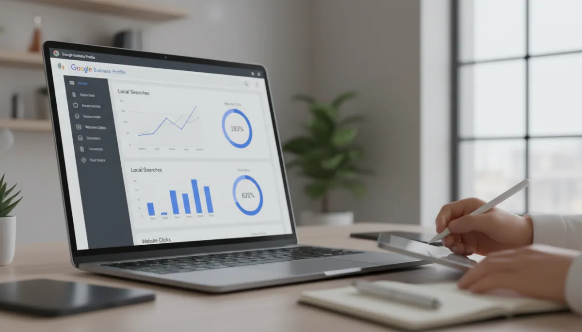 Business owner reviewing Google Business Profile and SEO analytics on a laptop