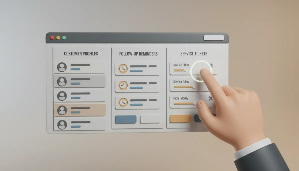 CRM interface showing organized customer profiles, tasks, and service reminders