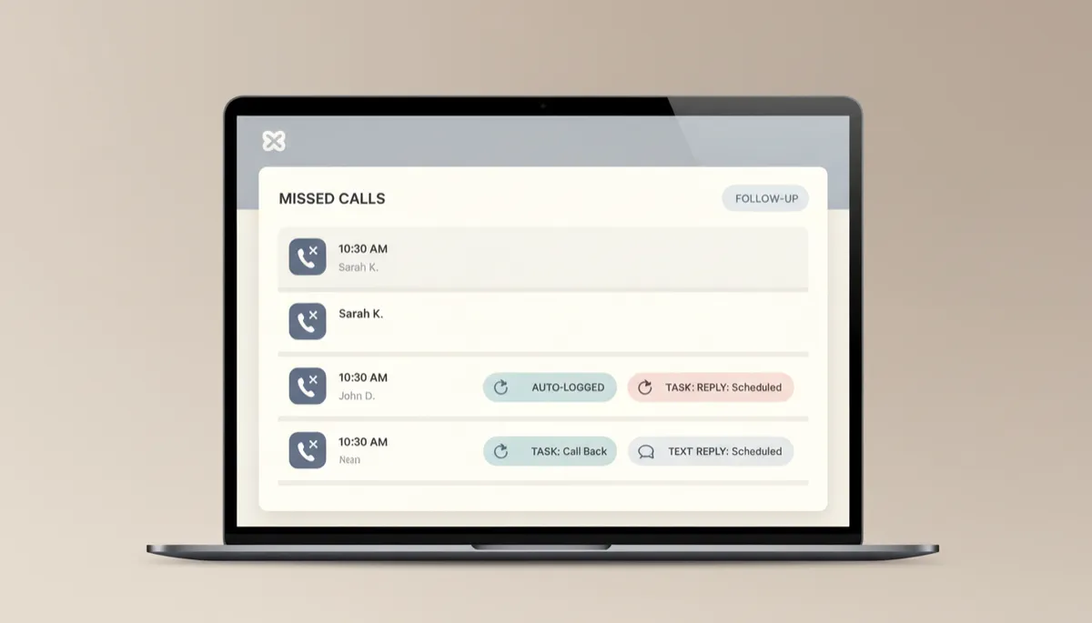 CRM dashboard automatically logging missed calls and scheduling follow-ups