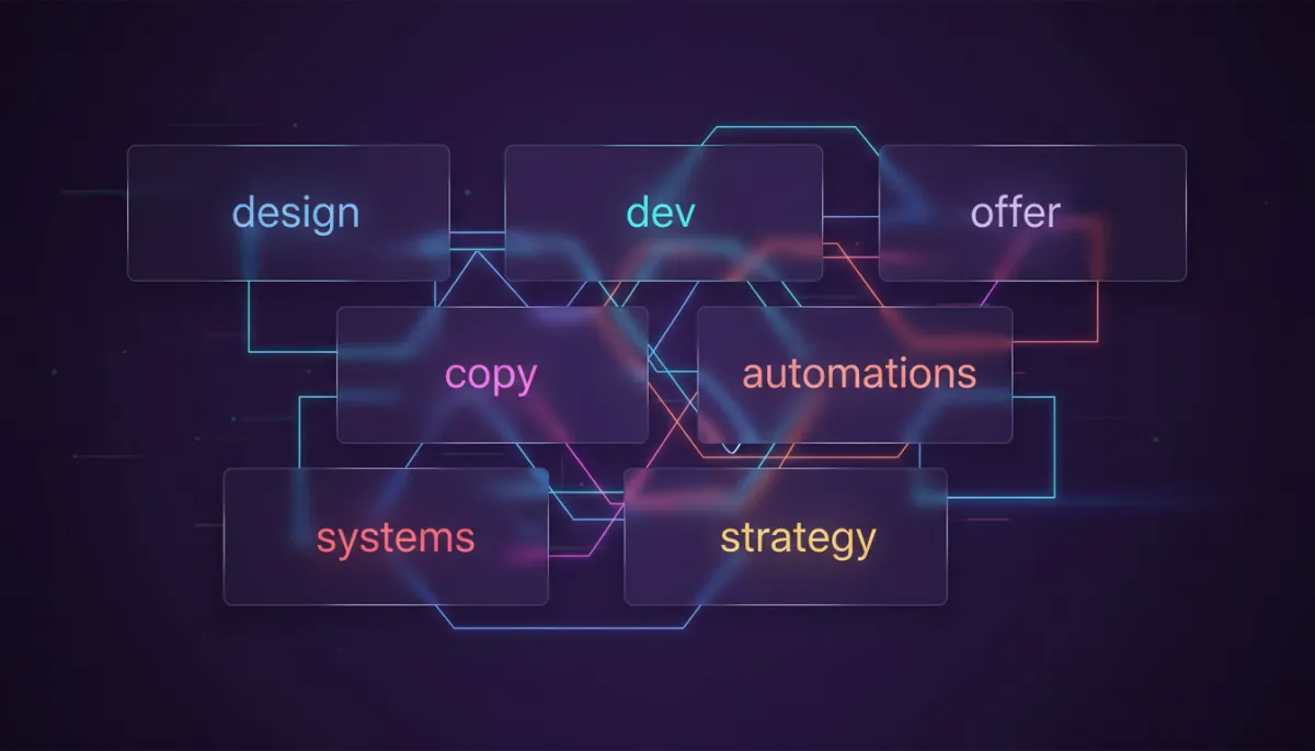 Neoglassmorphic dark purple interface illustrating the seven roles inside a full stack funnel service Neoglassmorphic dark purple interface illustrating the seven roles inside a full stack funnel service