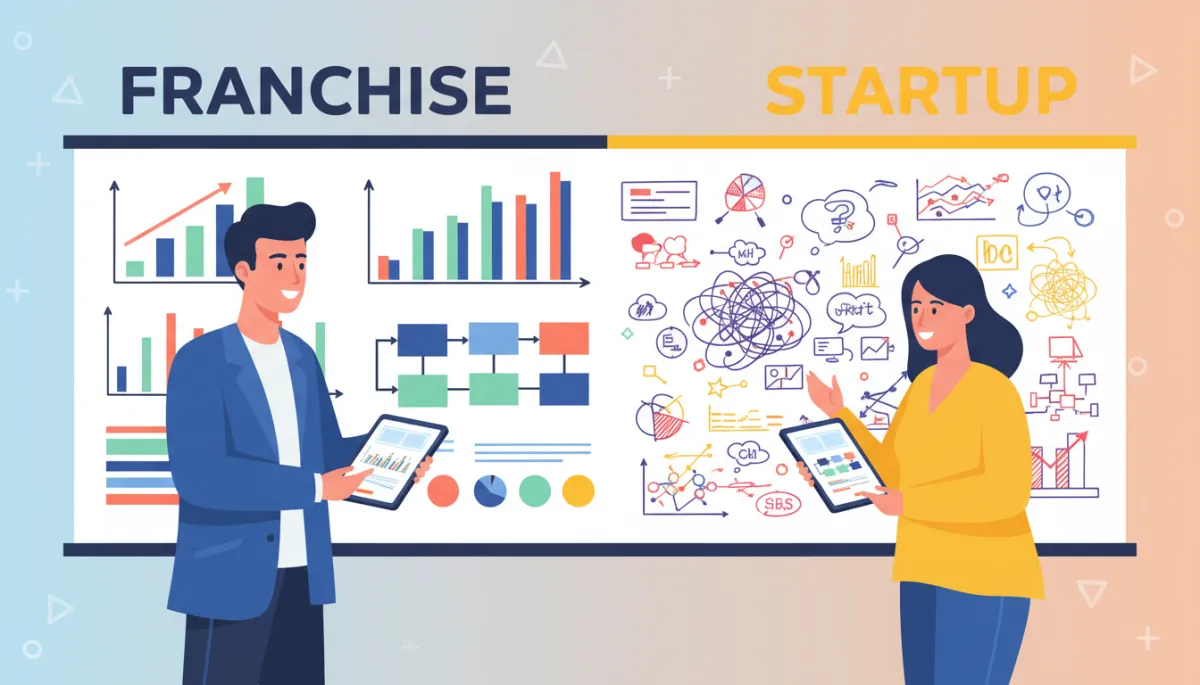 Entrepreneurs comparing franchise and startup profitability timelines on a whiteboard Entrepreneurs comparing franchise and startup profitability timelines on a whiteboard
