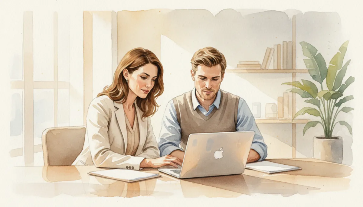 Franchise owner reviewing performance with a manager in an office