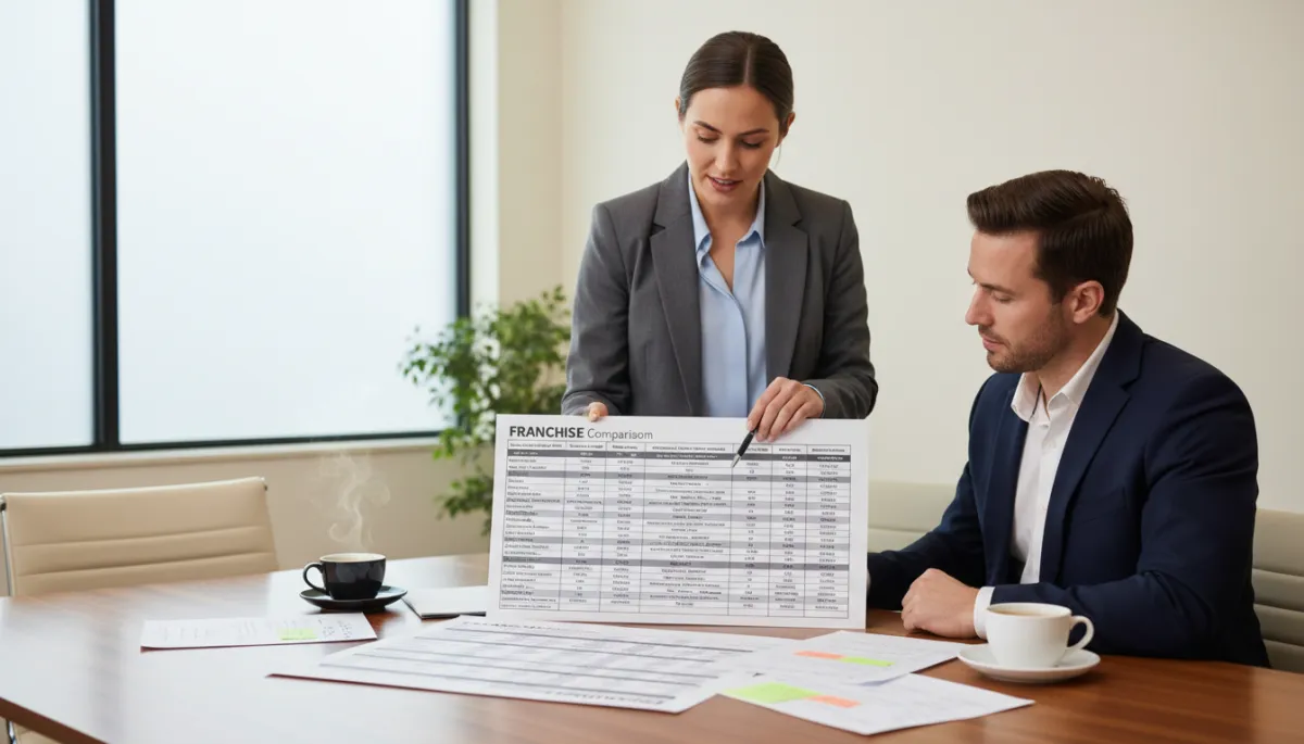 Consultant and client reviewing a franchise comparison chart together