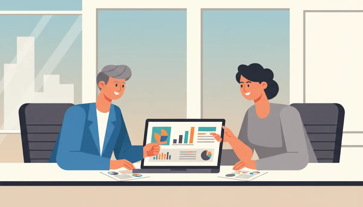 Franchise consultant and client reviewing financial and timeline plans Franchise consultant and client reviewing financial and timeline plans