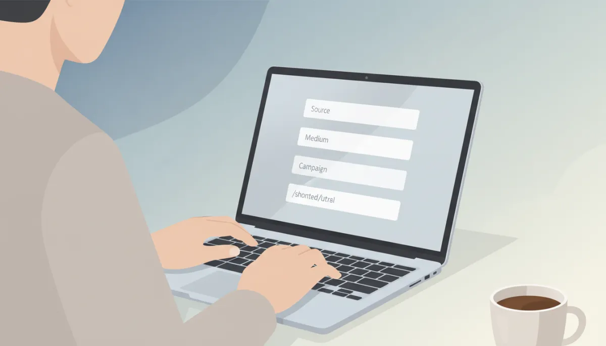 Marketer building UTM tagged links for real estate campaigns on a laptop