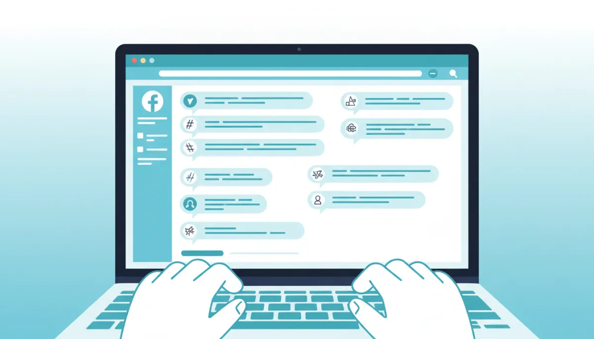 Laptop screen showing an active Facebook group with many comments and engagement