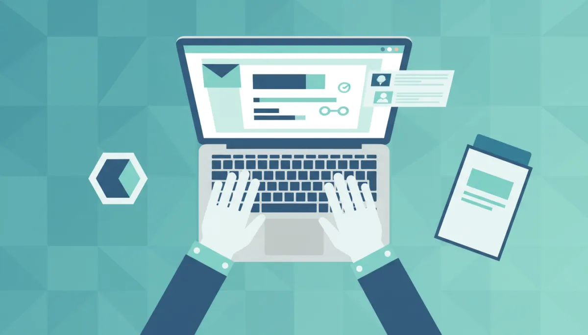 Person drafting a milestone email sequence on a laptop with timeline and checkpoints