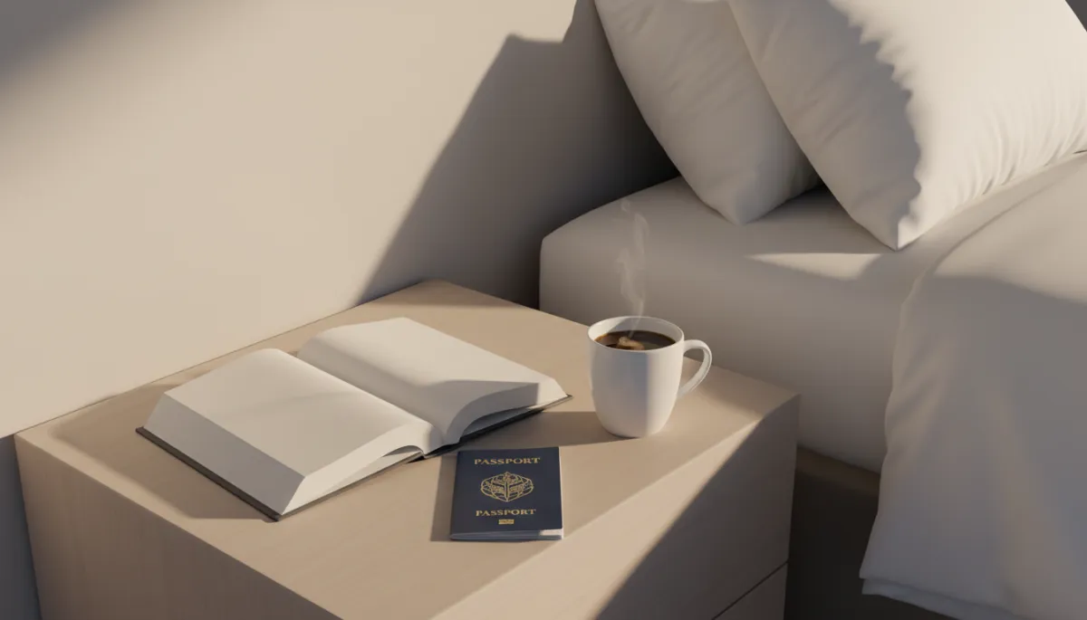 Open book, passport, and coffee resting on a tidy bedside table Open book, passport, and coffee resting on a tidy bedside table