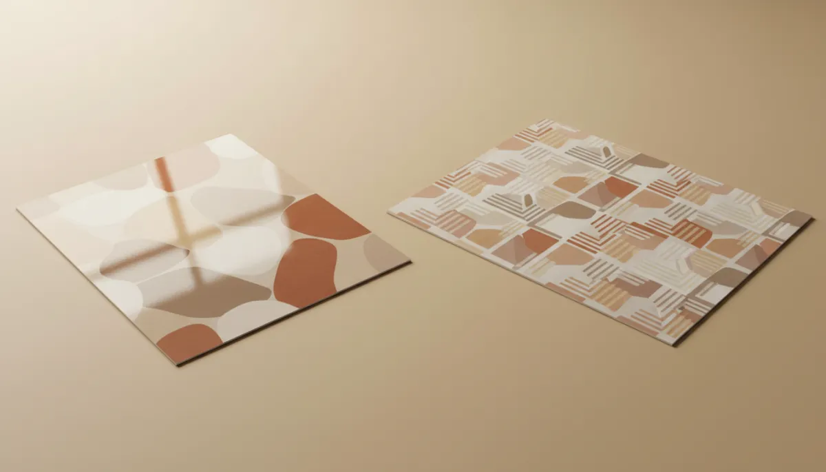 modern clean warm neutral close-up of two printed postcards side by side, one glossy reflecting light, one matte with soft finish, neutral background