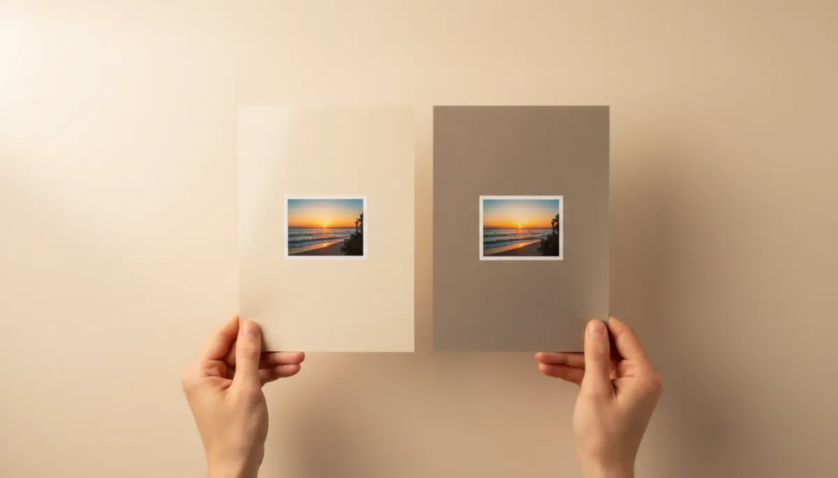 modern clean warm neutral overhead shot of hands comparing two printing paper samples, one glossy and one matte, with small printed photos on each to show color difference