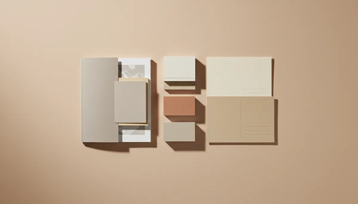 modern clean warm neutral composition of a printed booklet, business cards, and postcards on different paper types, soft shadows, simple layout