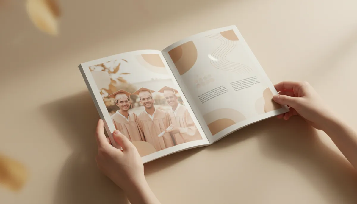 modern clean style, warm neutral tones, hands flipping through a printed graduation booklet with photos and text, showing good print quality and soft colors on matte paper