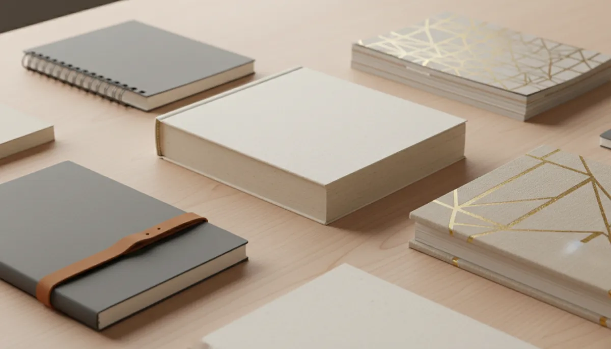 modern clean style, warm neutral tones, close-up of different binding samples laid on a wooden desk, including perfect binding, spiral binding, and hard cover, with soft shadows and neat composition