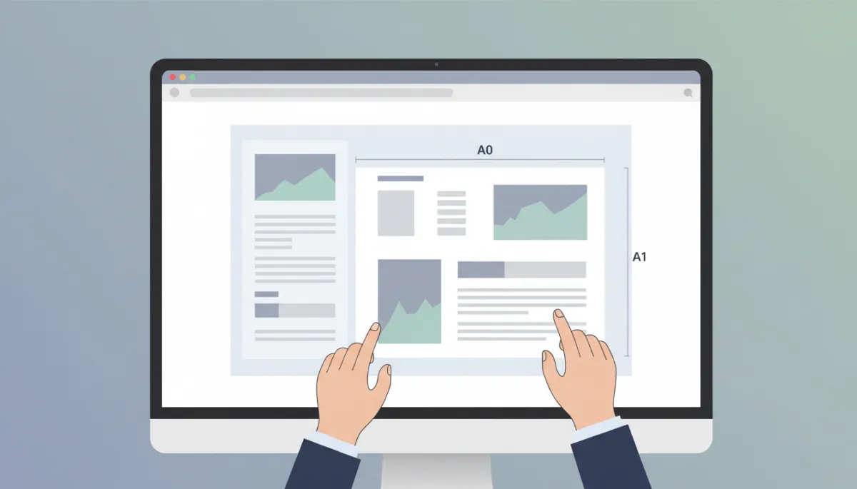 Designer adjusting academic poster layout with A0 and A1 dimensions on screen Designer adjusting academic poster layout with A0 and A1 dimensions on screen