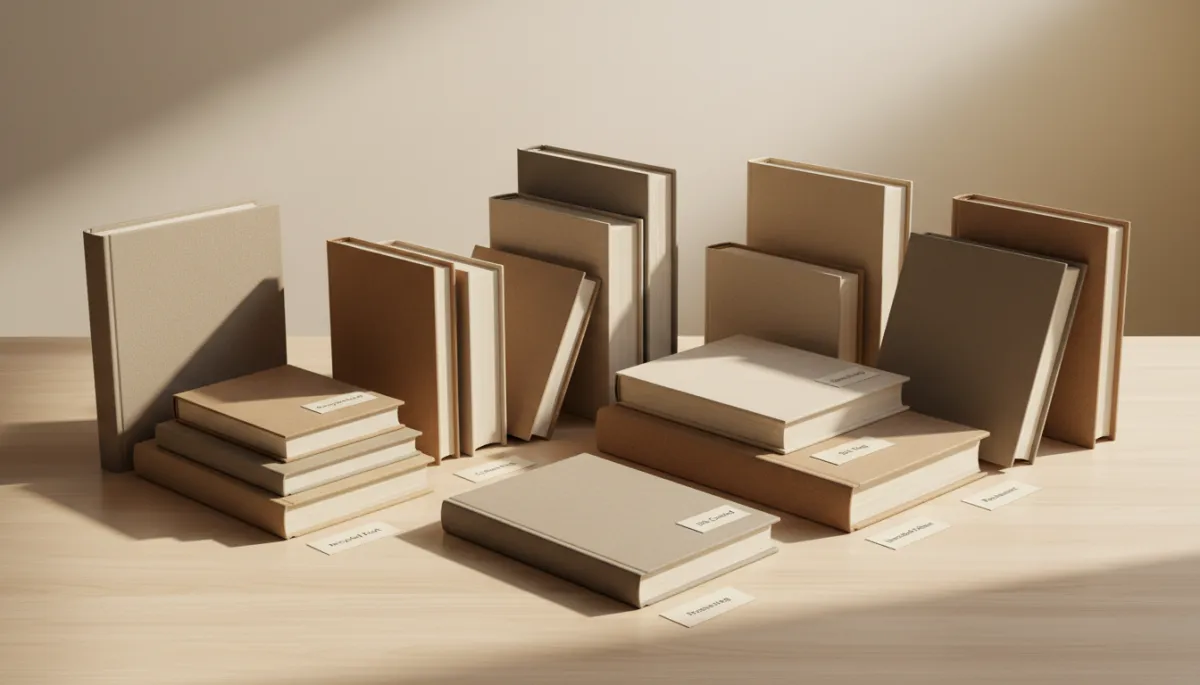 modern clean style, warm neutral tones, neatly arranged fan-made books in different paper textures and finishes on a wooden table, with small labels indicating paper types and coatings modern clean style, warm neutral tones, neatly arranged fan-made books in different paper textures and finishes on a wooden table, with small labels indicating paper types and coatings