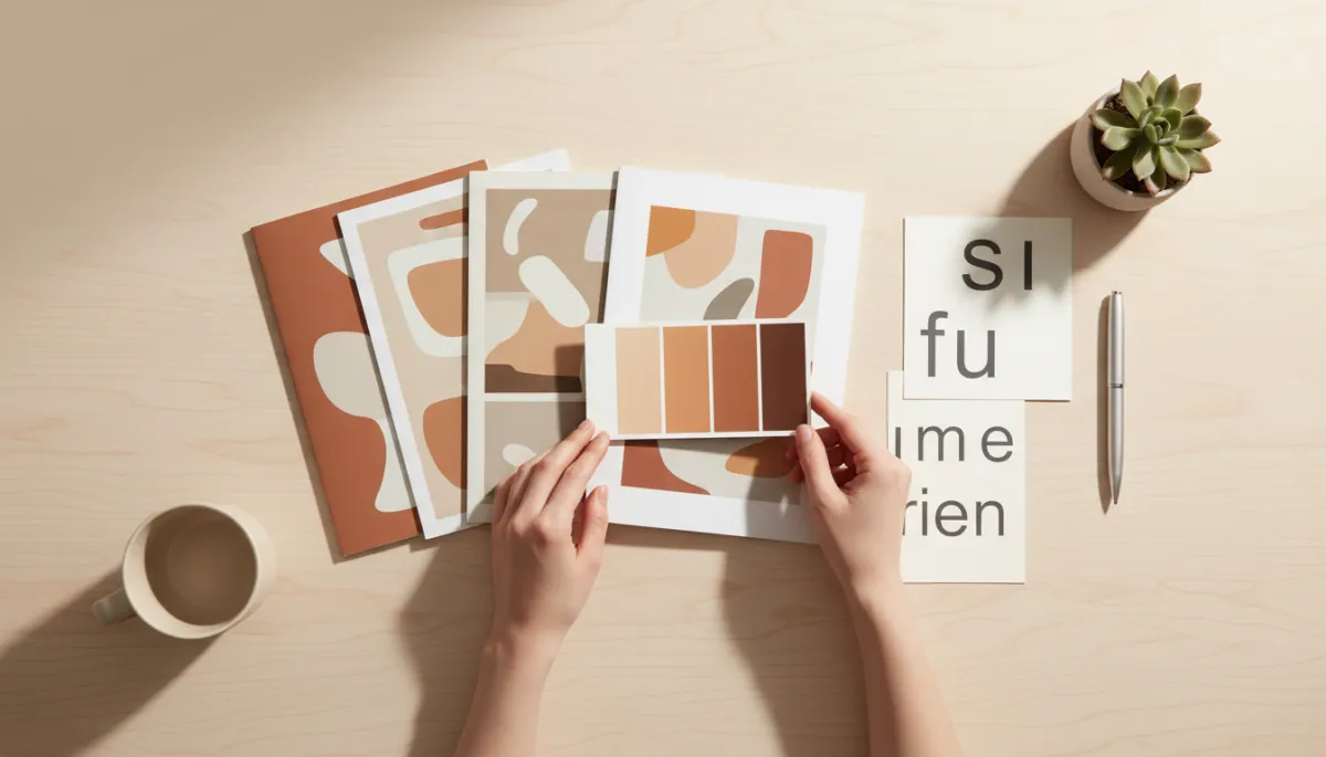 modern clean style, warm neutral tones, close-up of hands arranging printed doujinshi covers, color swatches, and typography samples on a neat desk; minimal clutter and soft beige background modern clean style, warm neutral tones, close-up of hands arranging printed doujinshi covers, color swatches, and typography samples on a neat desk; minimal clutter and soft beige background