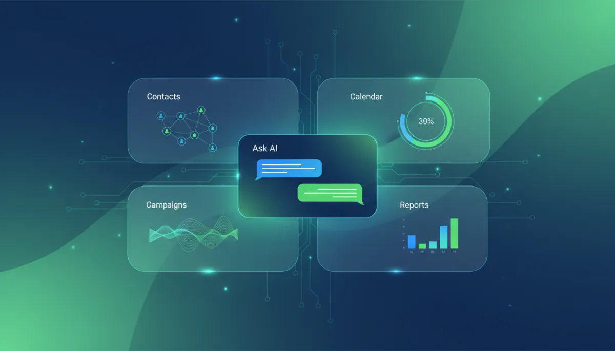 modern tech/AI style dashboard interface in Leadengage brand colors blue #0097D1 and green #39B54A, central chat window labeled Ask AI with glowing message bubbles, CRM widgets for contacts, calendar, campaigns, and reports surrounding it, sleek gradients and subtle circuit patterns in the background, inspired by https://storage.googleapis.com/crm-conversations-ai-production/ask-ai-images/1782337866852/dbf8ee9e-d6f3-4215-a3b7-1e707daf2358.png