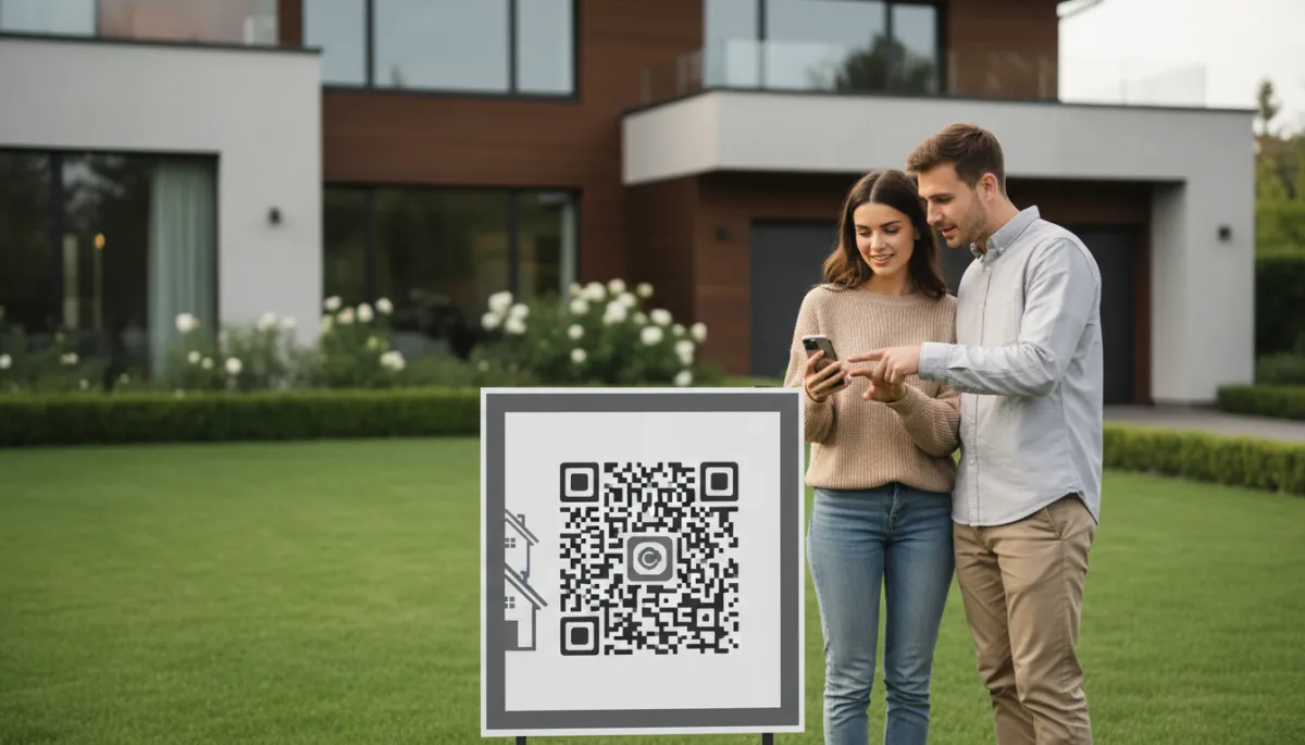 photorealistic close-up of a real estate yard sign with a prominent QR code, young couple scanning it with a smartphone in front of a modern suburban home, neutral color palette, soft natural light
