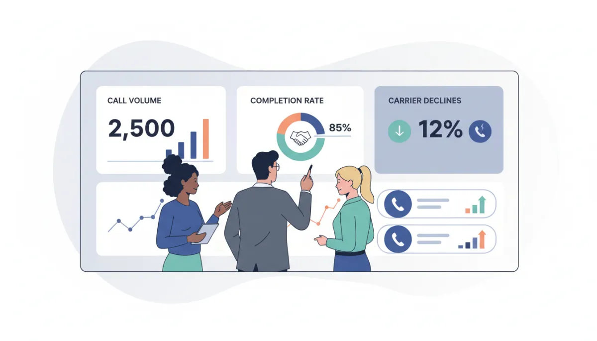 clean flat illustration of a real estate team reviewing outbound calling dashboard with metrics like call volume, completion rate, and carrier declines, simple charts and phone icons, minimal clean colors