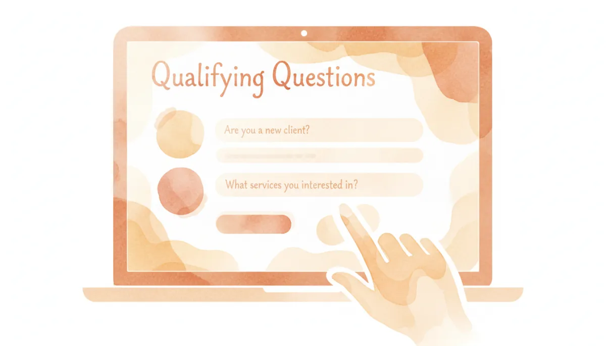 Laptop screen displaying a qualifying intake form with clear questions in a neutral workspace