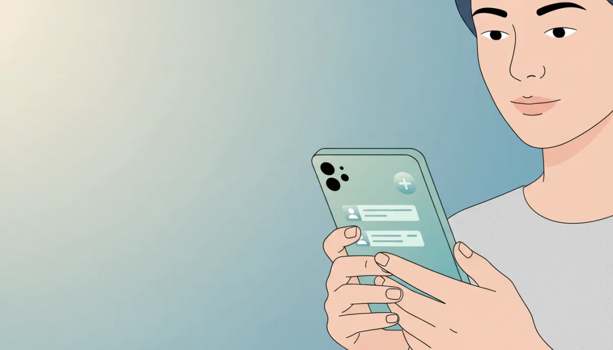 professional neutral-style close-up of patient using smartphone chat with AI medical assistant, subtle clinic branding on screen, calm and minimalist background