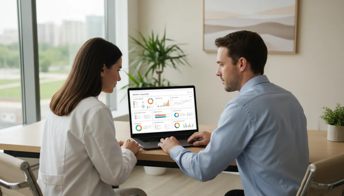 Dentist and practice manager reviewing website analytics on a laptop