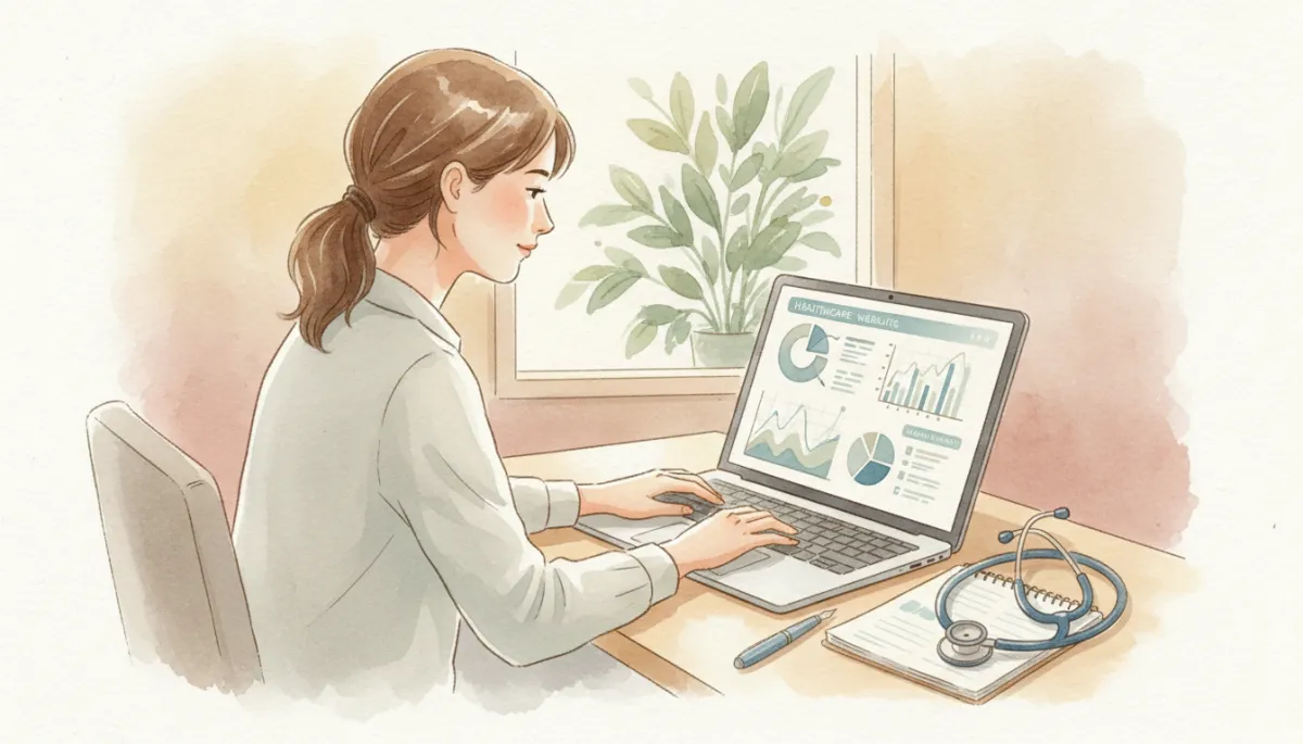 Marketing professional reviewing healthcare digital performance metrics on a laptop